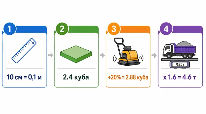 Инфографика из 4 шагов. Показан перевод сантиметров в метры, расчет объема площадки, добавление запаса 20% на усадку и итоговый перевод в тонны с результатом 4,6 т.