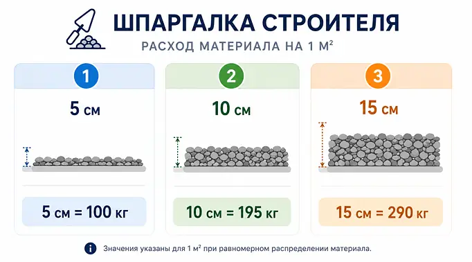 Инфографика расхода отсева. Для слоя 5 см нужно 100 кг, для 10 см — 195 кг, для 15 см — 290 кг.