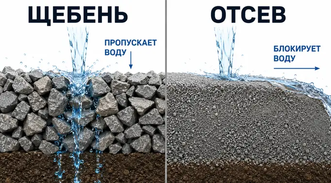 3D-инфографика: сравнение водопропускной способности. Слева показано, как вода протекает сквозь гранитный щебень, справа показано, как вода скатывается с плотно утрамбованного гранитного отсева