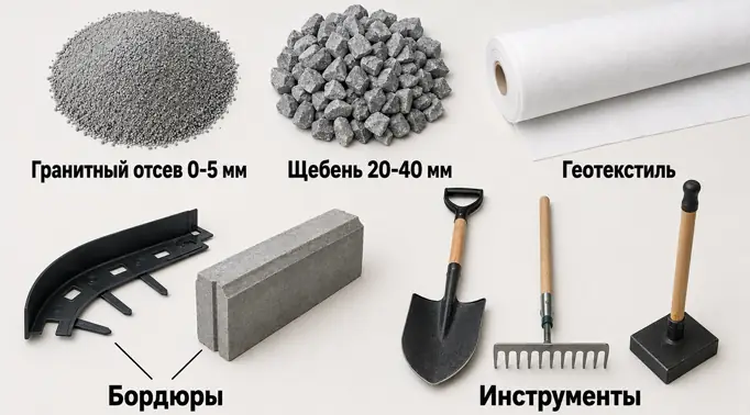 Фотография полного набора материалов для строительства садовой дорожки: гранитный отсев, щебень, белый геотекстиль, пластиковый и бетонный бордюры, лопата и трамбовка