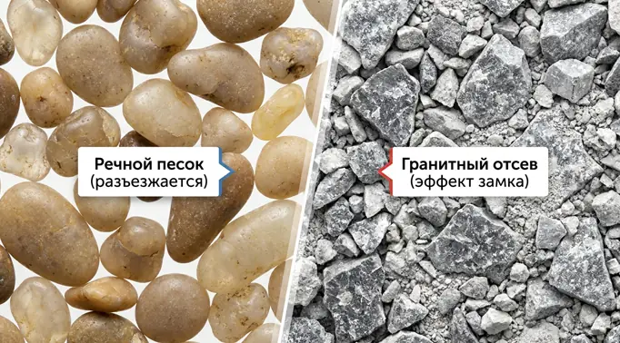 Макрофотография наглядно сравнивает округлые песчинки речного песка и остроугольные осколки гранитного отсева, сцепленные между собой с участием каменной пыли, — это иллюстрирует эффект «замка», обеспечивающий прочность сцепления частиц