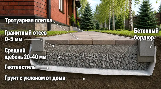 3D-схема устройства дорожки из тротуарной плитки. В разрезе показаны все слои от земли до брусчатки: грунт с уклоном, геотекстиль, крупный щебень для дренажа, выравнивающий слой из гранитного отсева и бетонные бордюры по краям