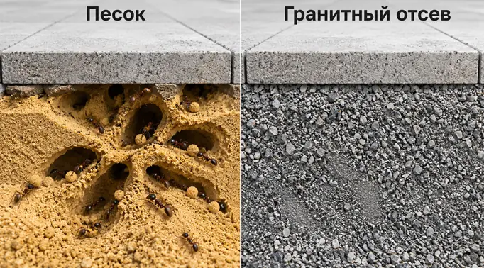 3D-иллюстрация на разделенном экране. Слева показана тротуарная плитка, под которой в песке муравьи прорыли ходы и выносят песчинки наружу. Справа показана плитка на плотном гранитном отсеве с острыми краями, где насекомых нет из-за невозможности прорыть ходы