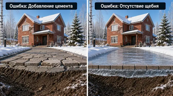 3D-иллюстрация на разделенном экране, показывающая разрушение дорожек зимой. Слева показано, как монолитная плита из смеси отсева и цемента лопнула от давления промерзшей земли, разорвав тротуарную плитку. Справа показано основание без щебня: вода не ушла в землю, замерзла, и дорожка превратилась в ледяной каток